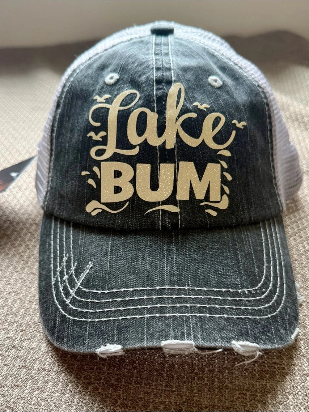 Brand New Handmade Women’s Distressed “Lake Bum” Trucker Cap Hat